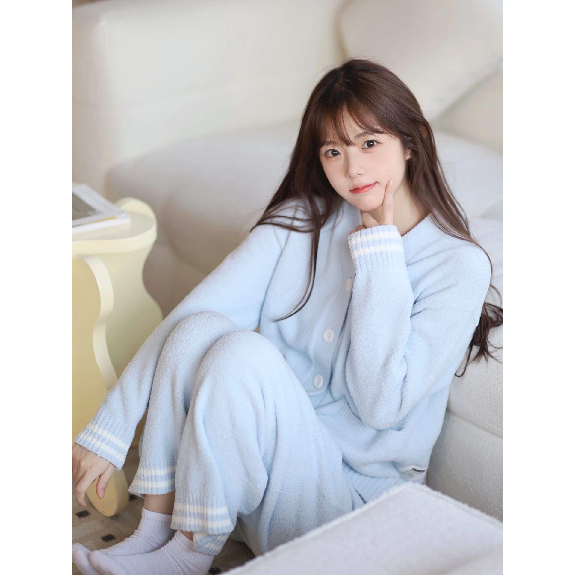 加厚毛绒家居服可外穿睡衣外套女韩国半边绒甜美条纹2025冬季新款