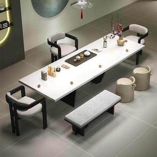 设计师创意极简白色实木异形茶桌办公桌一体两用2025新款高端茶台