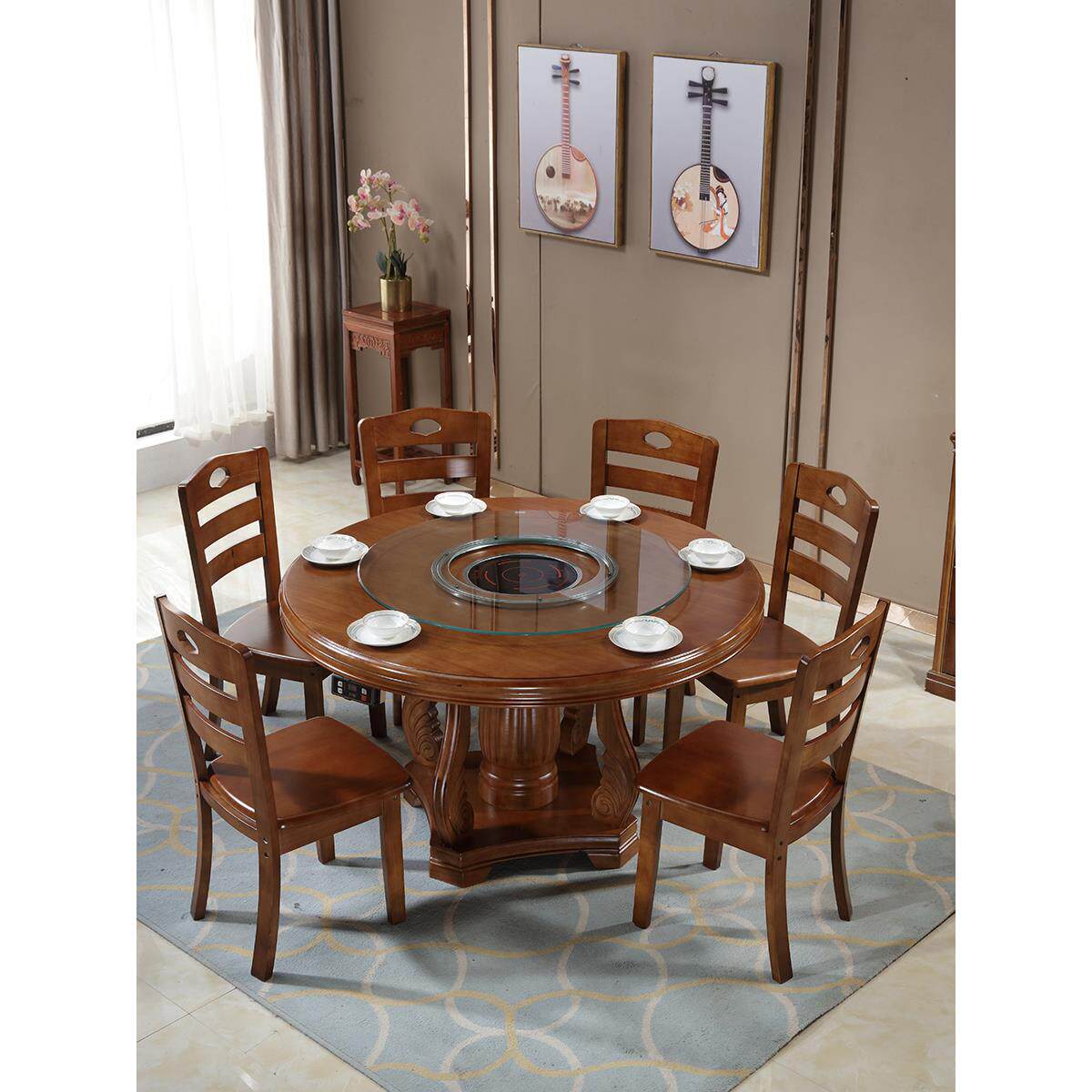 火锅店桌子带电磁炉一体商用饭店家用8人实木圆形餐桌椅组合1.3米