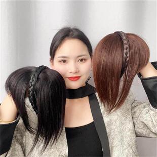 辫子发箍浏海一体真发前额头帘鬓角遮白发碎齐浏海头顶假发补发片