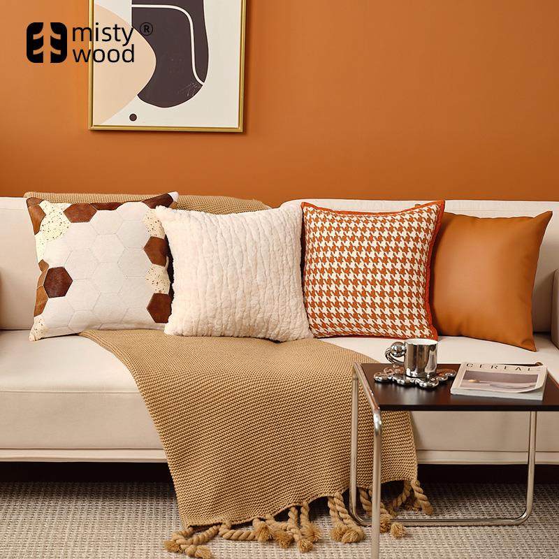 抱枕沙发客厅轻奢高级感真皮法式橙色抱枕套现代简约牛皮靠枕靠垫