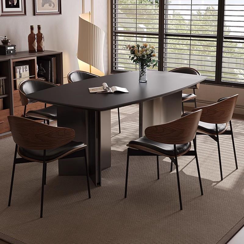 意式极简岩板餐桌现代简约小户型家用不锈钢轻奢长方形桌椅组合