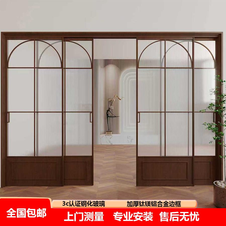 法式复古三联动吊轮拉门厨房阳台客厅玻璃拉门钛镁铝合金隔断门