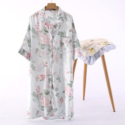 棉绸睡裙女夏天薄款开 衫宽松短袖妈妈人造棉衬衫裙家居服洋装子