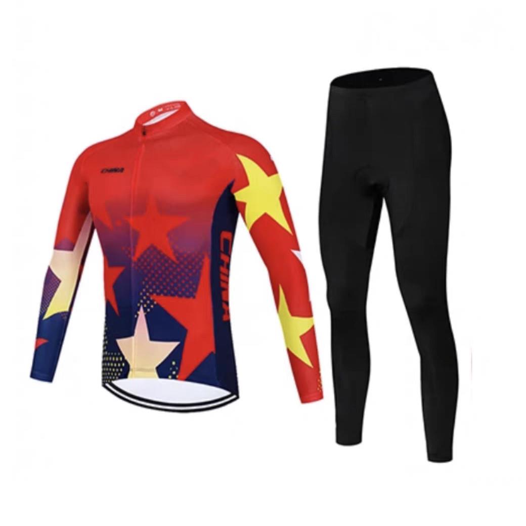 春秋季闪耀五角星山地自行车服单车服长袖骑行服套装透气速干男女