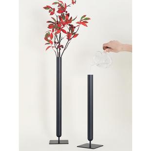 直筒细长摆件插花瓶简约桌面侘寂创意软装饰玄关黑色中古金属花器