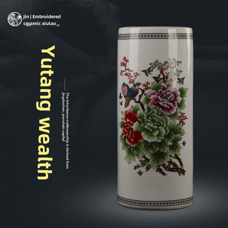 景德镇陶瓷直筒花瓶粉彩箭筒书画筒书字画缸帽筒玄关家居摆件