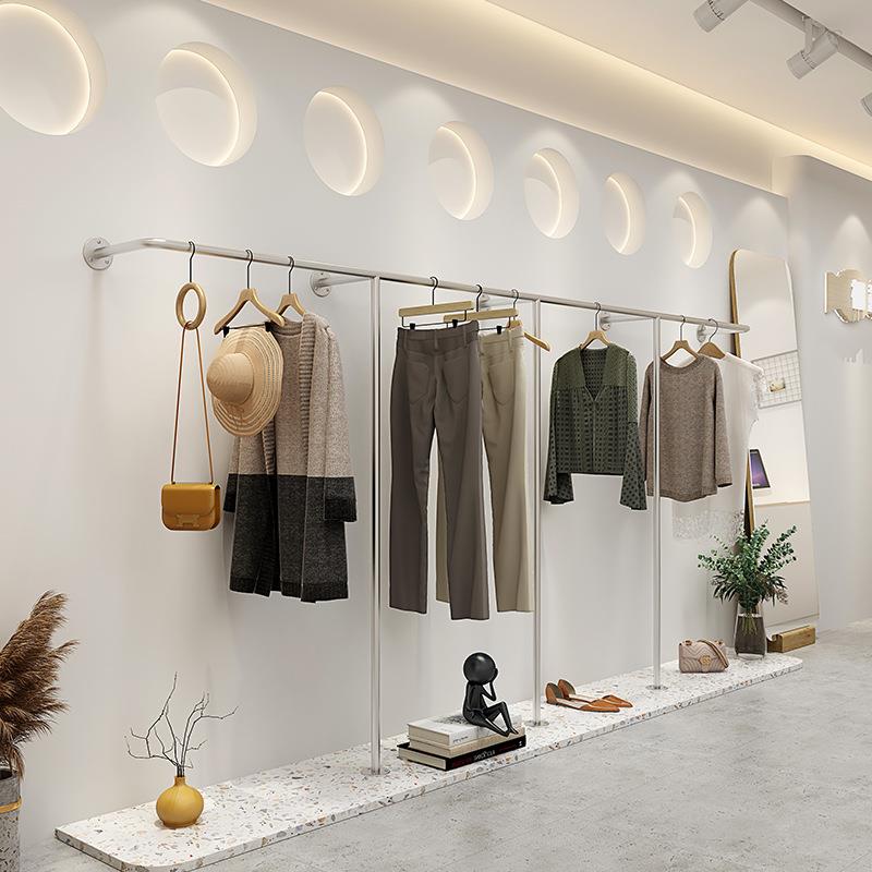 服装店展示架上墙不锈钢拉丝银落地式挂衣架女装店侧挂陈列架货架