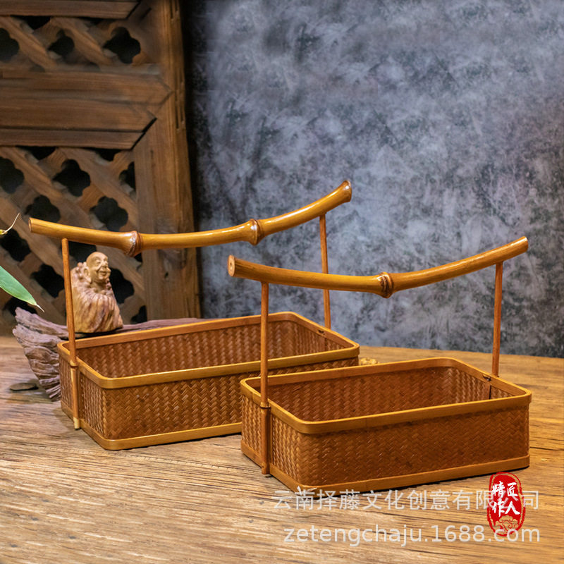 手工竹编大漆圆形方形提篮茶具