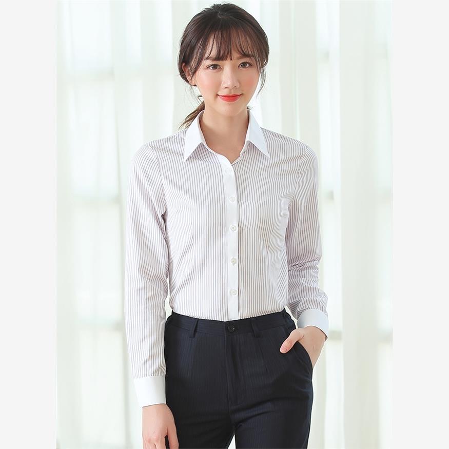 春夏中国工装工作服女职场长袖衬衫紫粉条纹行服长衬制服