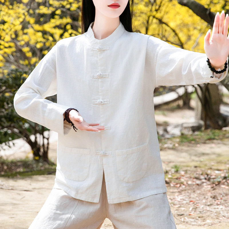 棉麻盘扣衬衫女春秋新款宽松上衣