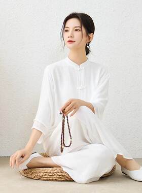 民族风新款棉麻禅服套装立领中袖