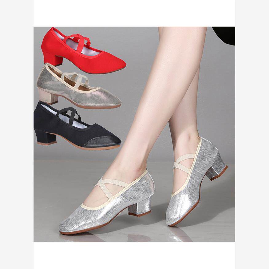 广场舞鞋女成人秋冬季真皮红舞鞋银色舞蹈鞋女平软底低跟布跳舞鞋