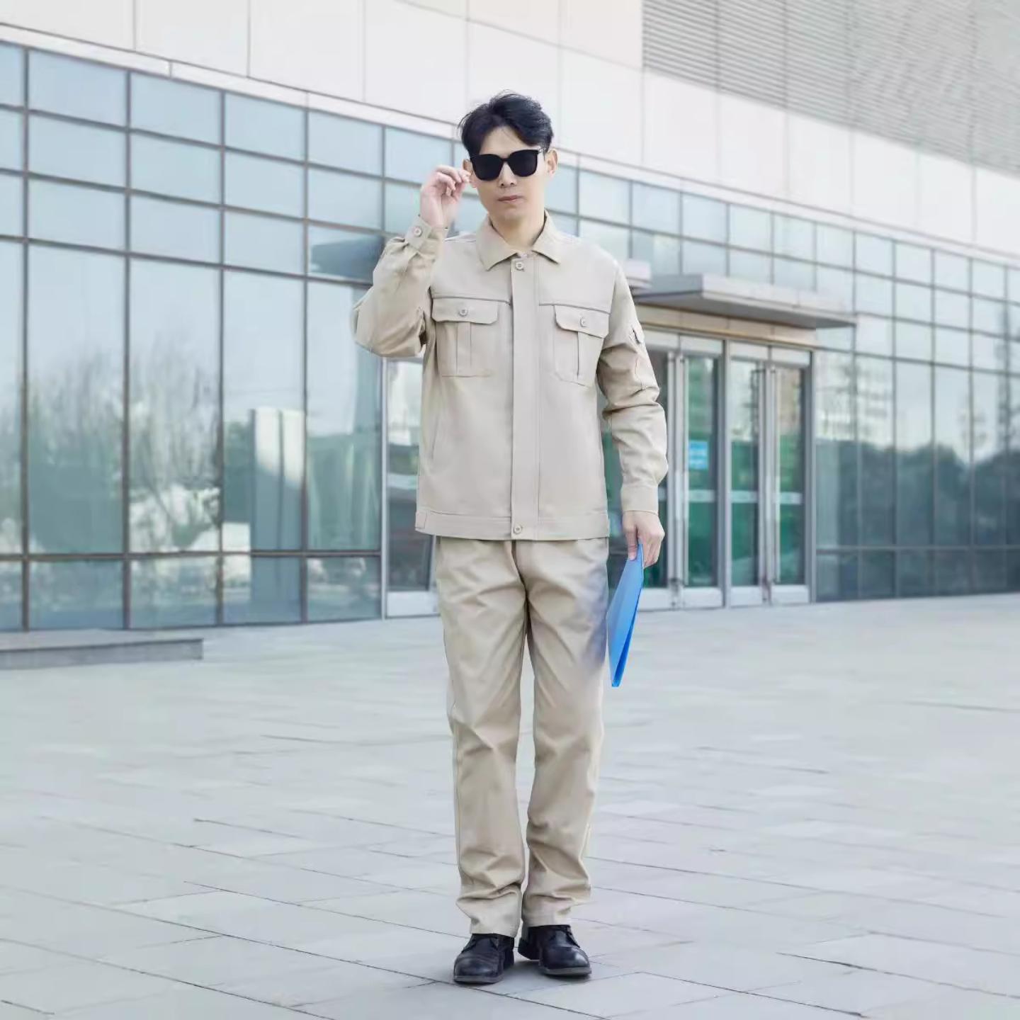 全棉电网工作服劳保服卡其色单层