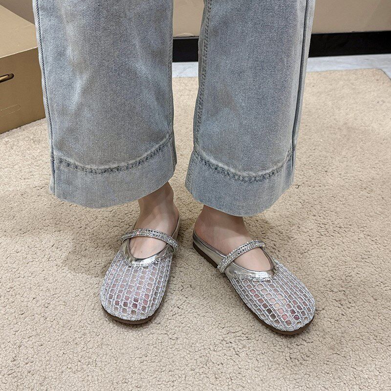 速发高级感水钻包头拖鞋夏季网布不闷脚凉拖鞋休闲软平底时尚懒人