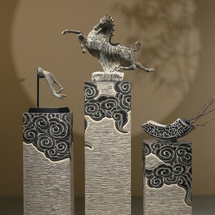 速发中式祥云石柱树脂工艺品室内家居装饰摆玄设示展关品底座落地