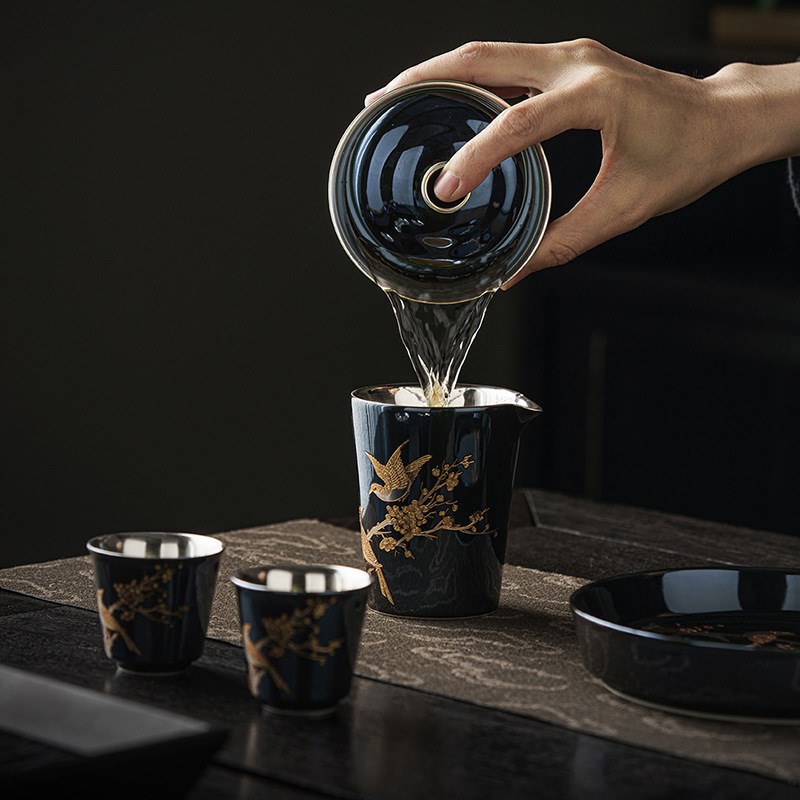 速发茶银单具中式郑文强黑金喜上眉梢家用茶品泡鎏壶功夫茶具套装