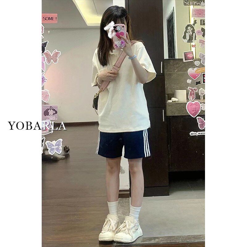 速发藏青色条纹运动短裤夏季薄款高腰宽松大码阔腿休闲裤子