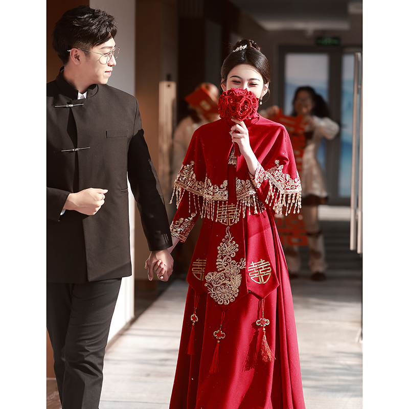 速发红色旗袍敬酒服新娘秀肩式装披禾订婚礼服新中套回门便装日常