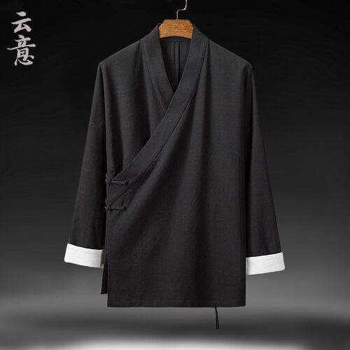 速发春斜襟汉服男中国风亚麻唐装复古风棉麻禅意居士服中式道袍服