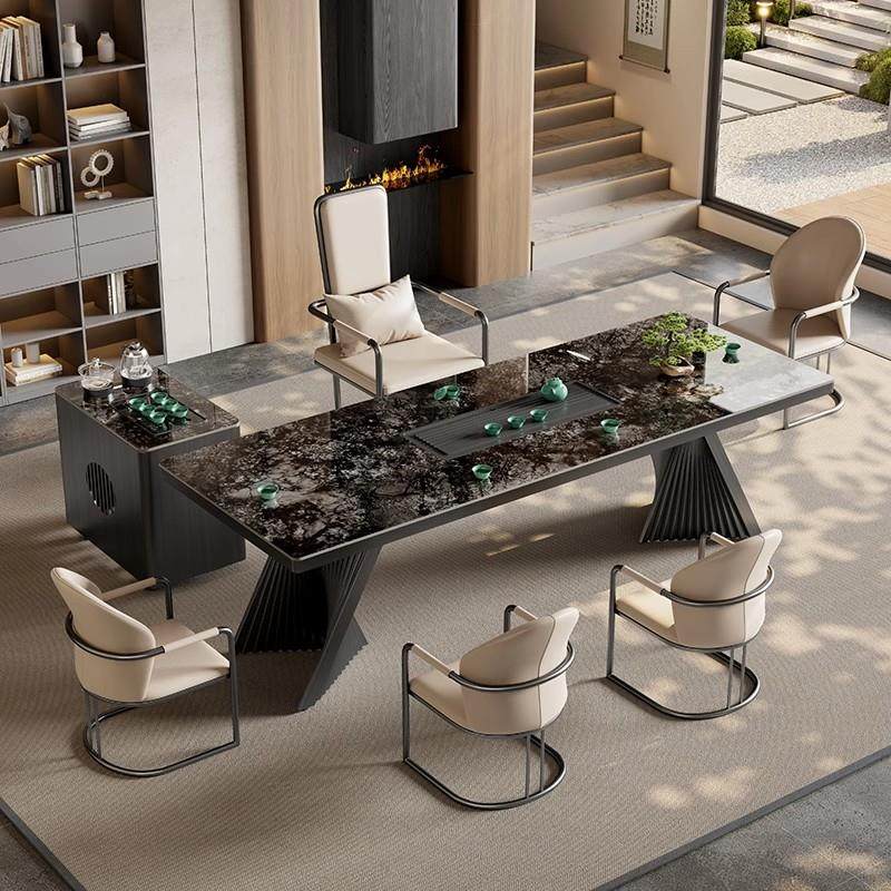 意式轻奢岩板茶台办公室高端奢石茶桌椅组合家用阳台会客厅泡茶台