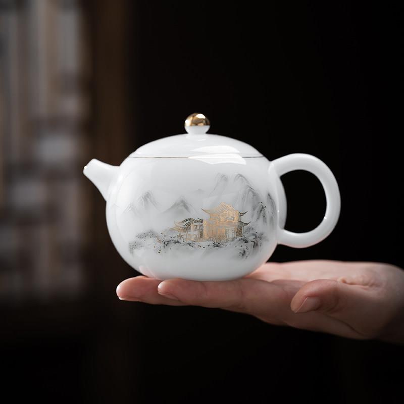 薄胎玉瓷茶壶单壶家用高档描金陶瓷茶具白瓷功夫泡茶壶西施壶