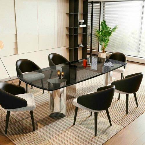 长方形钢化玻璃餐桌轻奢家用小户型饭桌现代简约不锈钢餐桌椅组合