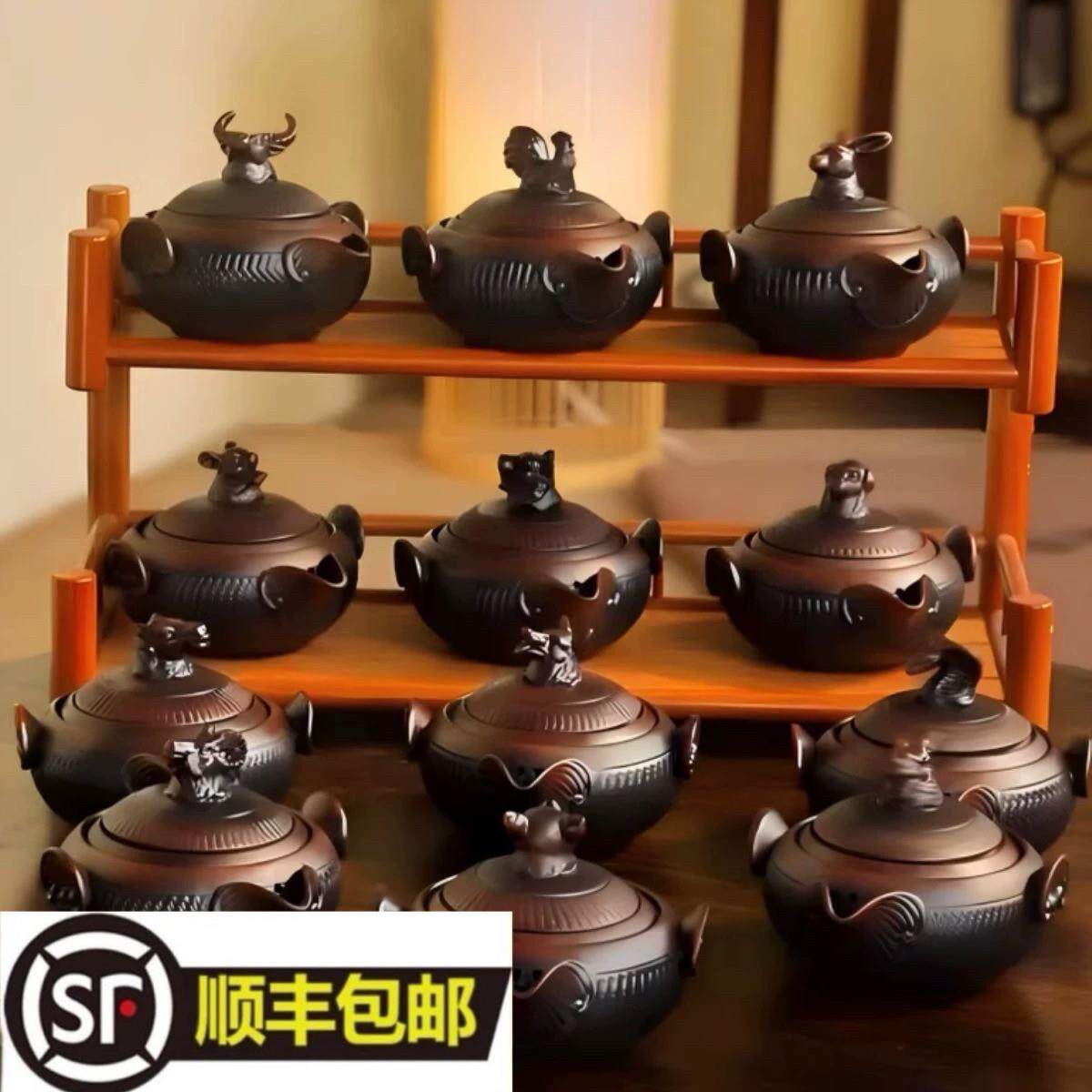 紫陶祥瑞麒麟手抓壶可旋转悬停泡茶壶复古手工单壶高档家用茶具