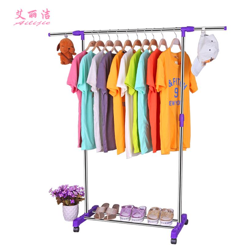 不锈钢简易晾衣架落地升降折叠伸缩室内阳台凉单杆双杆式挂衣服架