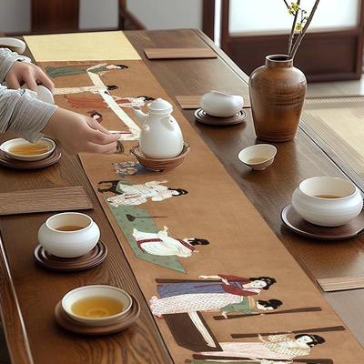 捣练图防水长条餐桌茶几茶桌茶席桌旗中式新中式禅意茶台茶布传统