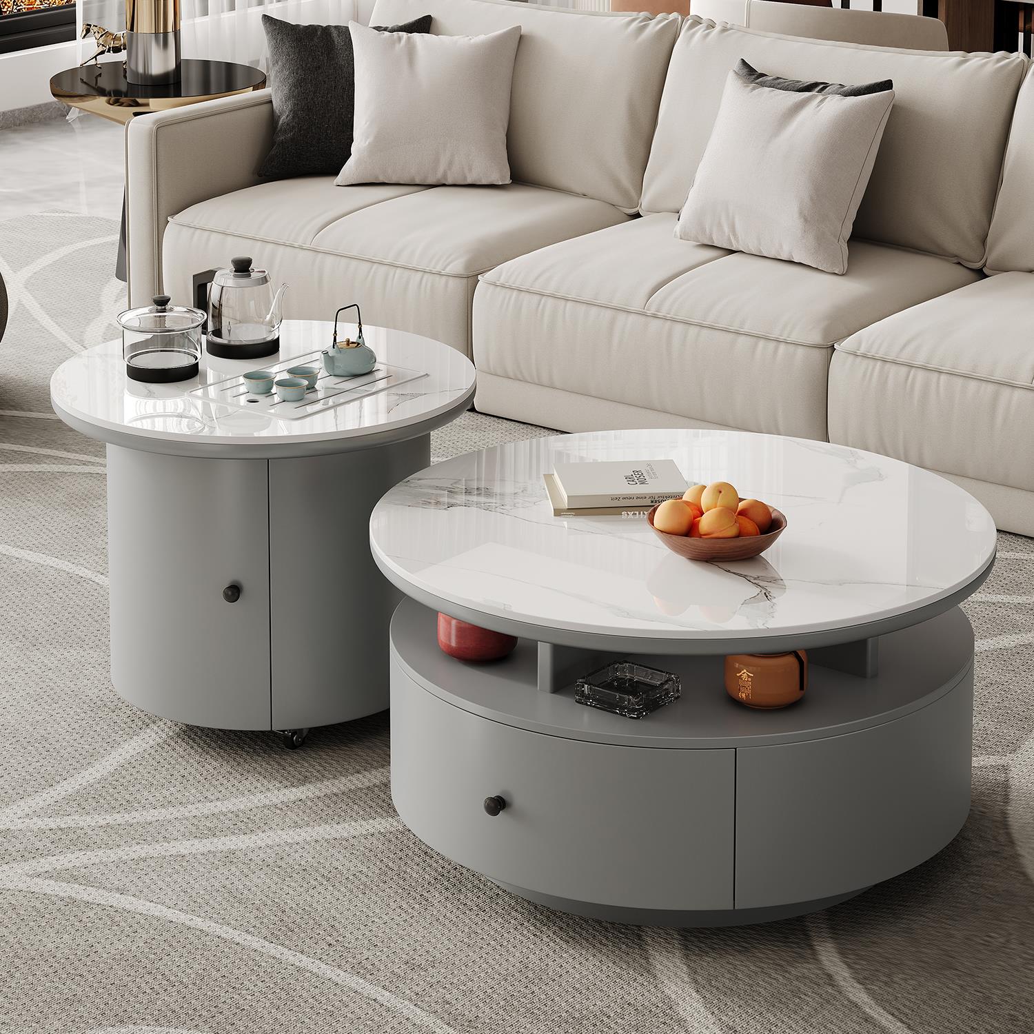 现代岩板功夫茶几家用大小圆形移动茶台带茶水柜烧水壶一体泡茶桌