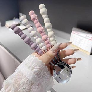 彩色珍珠不锈钢勺子塑料手柄餐勺少女心家用小汤勺