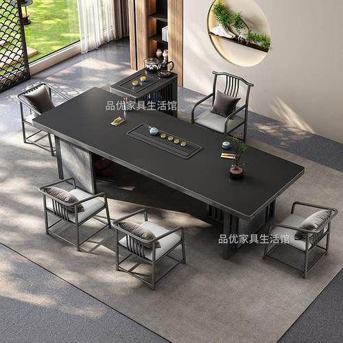 轻奢岩板茶桌椅组合现代高端奢石黑色大板办公茶台高级感泡茶桌