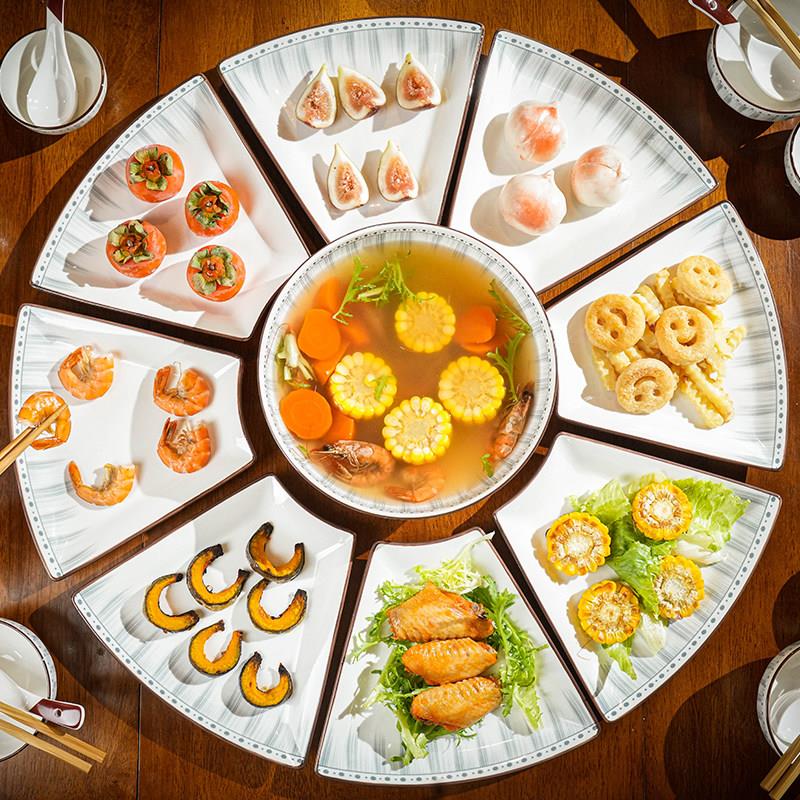 潮州制年夜饭陶瓷拼盘组合 家用圆桌拼盘套装 日系釉下彩餐具组
