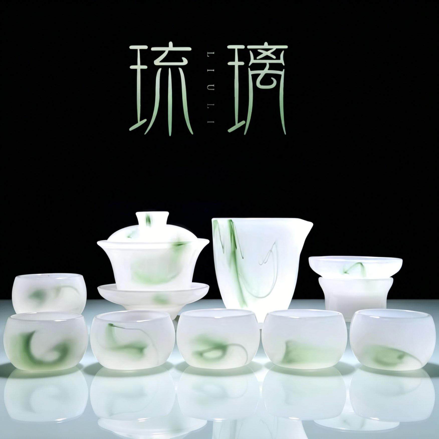 水墨琉璃茶具套组玉瓷茶壶玻璃功夫盖碗白玉茶杯家用办公送礼礼盒