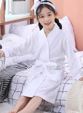 棉质毛巾料儿童浴袍吸水速干女孩春秋夏季男中大童白色中长版睡袍