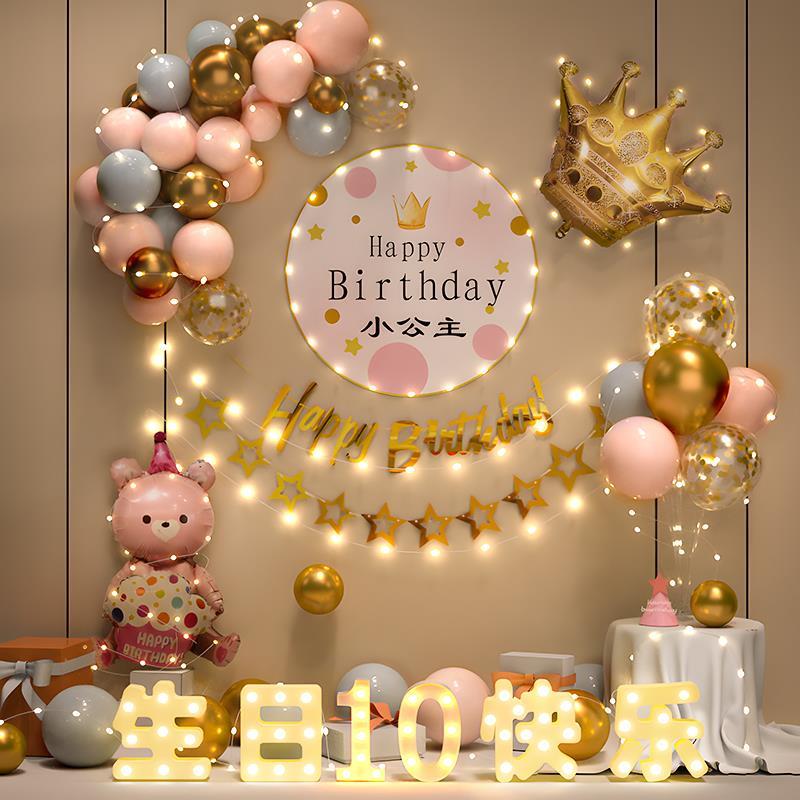 女孩10岁生日快乐仪式感派对场景布置装饰男孩气球背景海报定制十