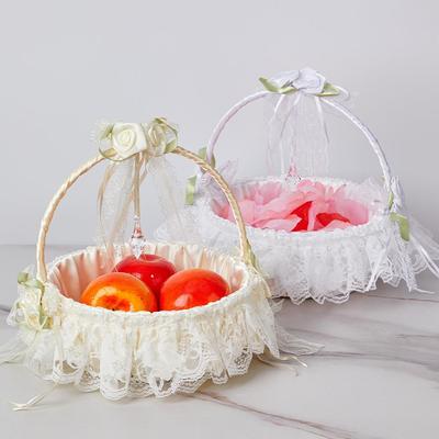 亚马逊热销花童篮子欧式婚礼手提折叠花篮外贸奶白花童小花篮货源