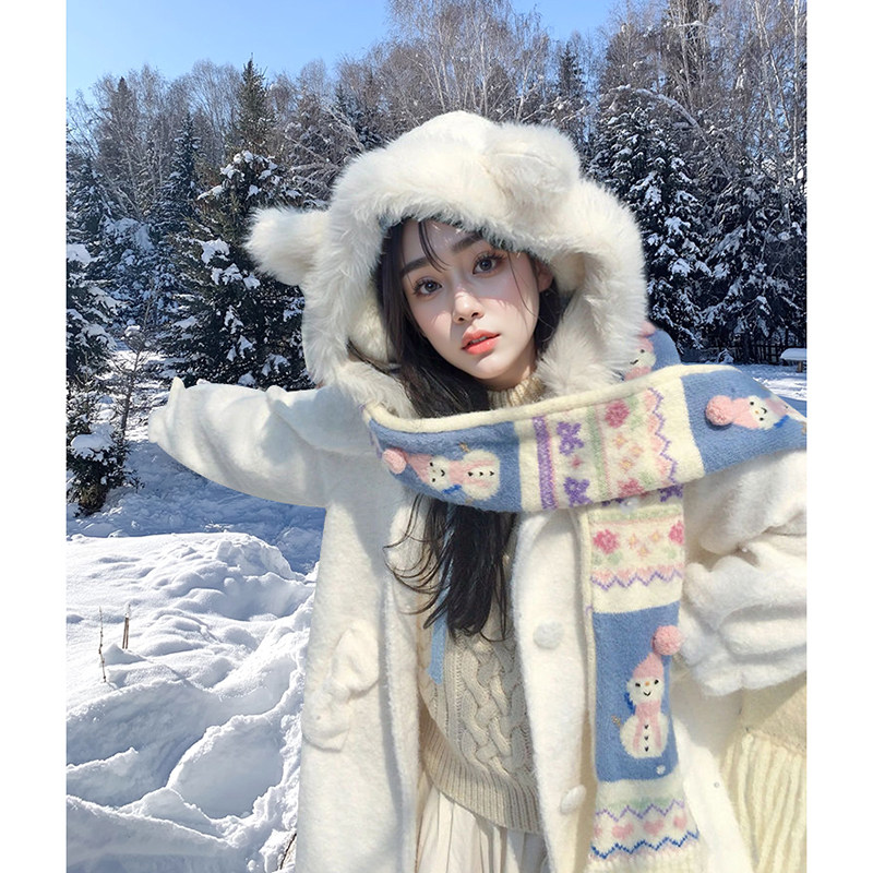 白色小熊 甜美学院风设计感毛呢外套秋冬新款氛围感中长呢子大衣