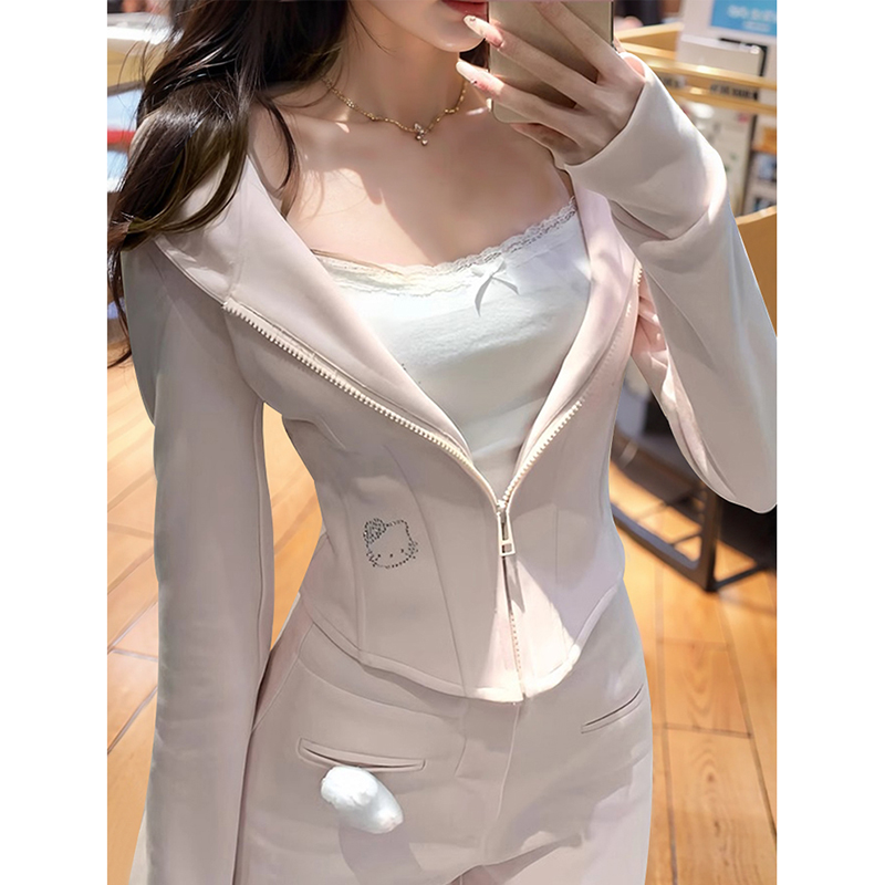 甜美修身鱼骨粉色运动休闲套装女春季2025新款短款卫衣长裤两件套