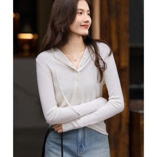 百搭连帽休闲保暖上衣女 诗写纯色针织打底衫 2024年秋季 新款 时尚