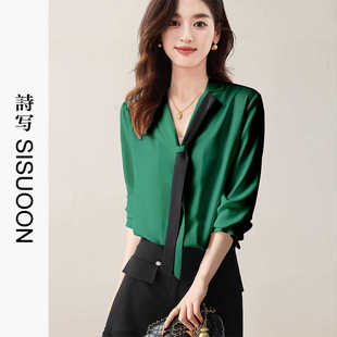 气质高级感通勤百搭长袖 新款 上衣 女2025秋季 诗写撞色雪纺薄衬衫