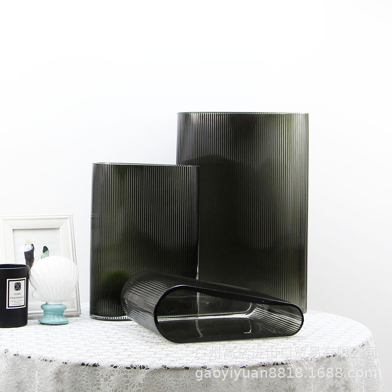 新品竖纹灰色艺术水培玻璃花瓶家居客厅鲜花玻璃花器