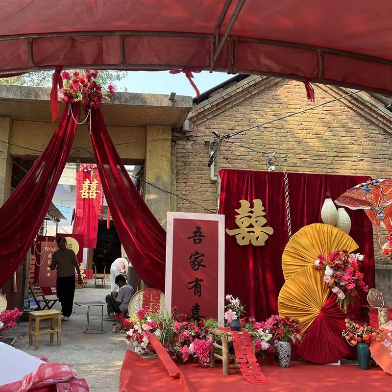 极速中式婚庆婚礼农村自建房迎宾区舞台背景墙布置纱幔架铁架可组