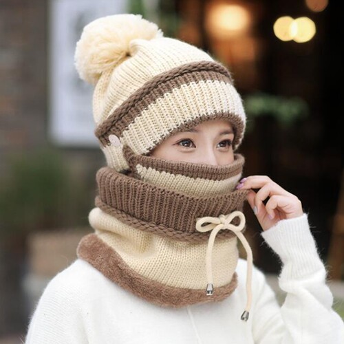 极速A  Winter Beanie Hat Scarf Mask 3pcs Set Thick Warm Knit