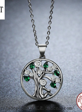 银饰品项链欧美高档S925纯银生命树小树圆圈吊坠依偎镶钻锁骨链