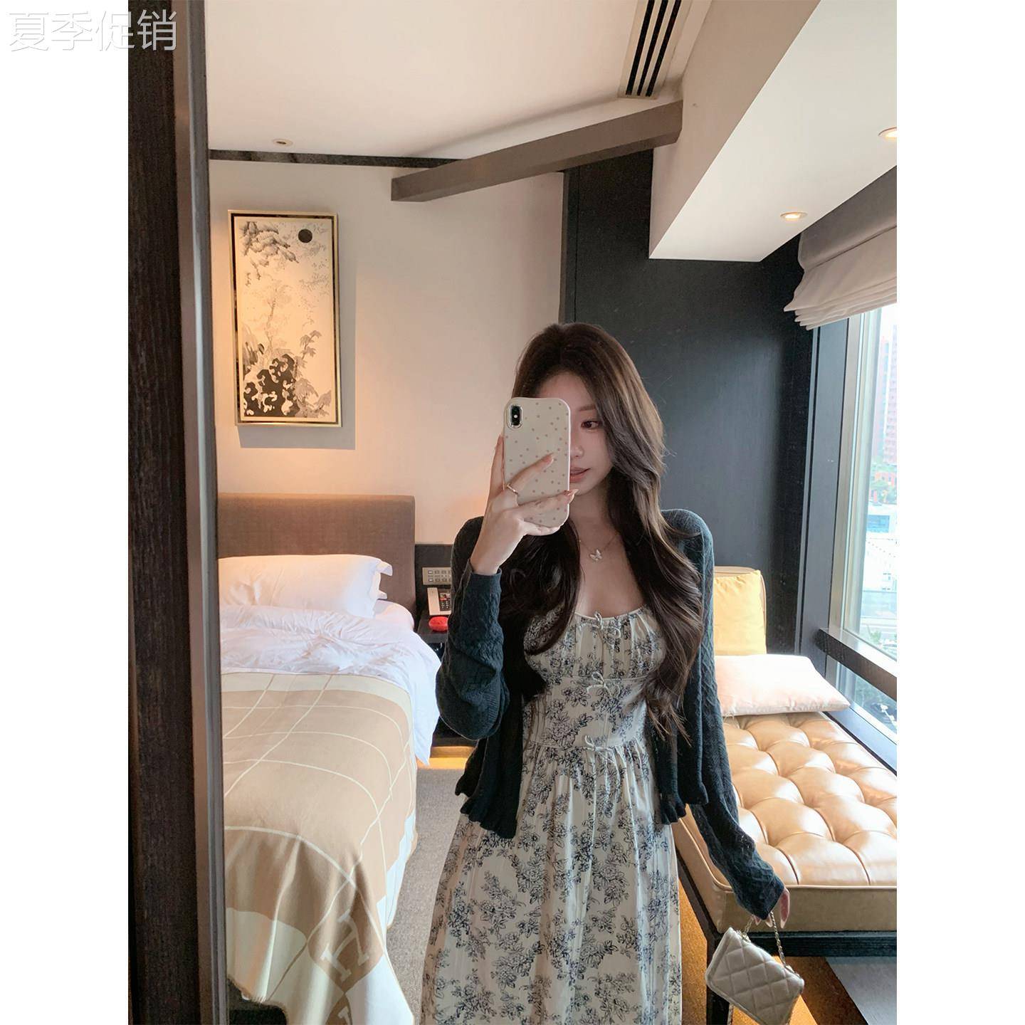 萌萌Ja 夜鸳桔梗~全棉收腰蝴蝶结碎花吊带连衣裙休闲显瘦长裙女秋