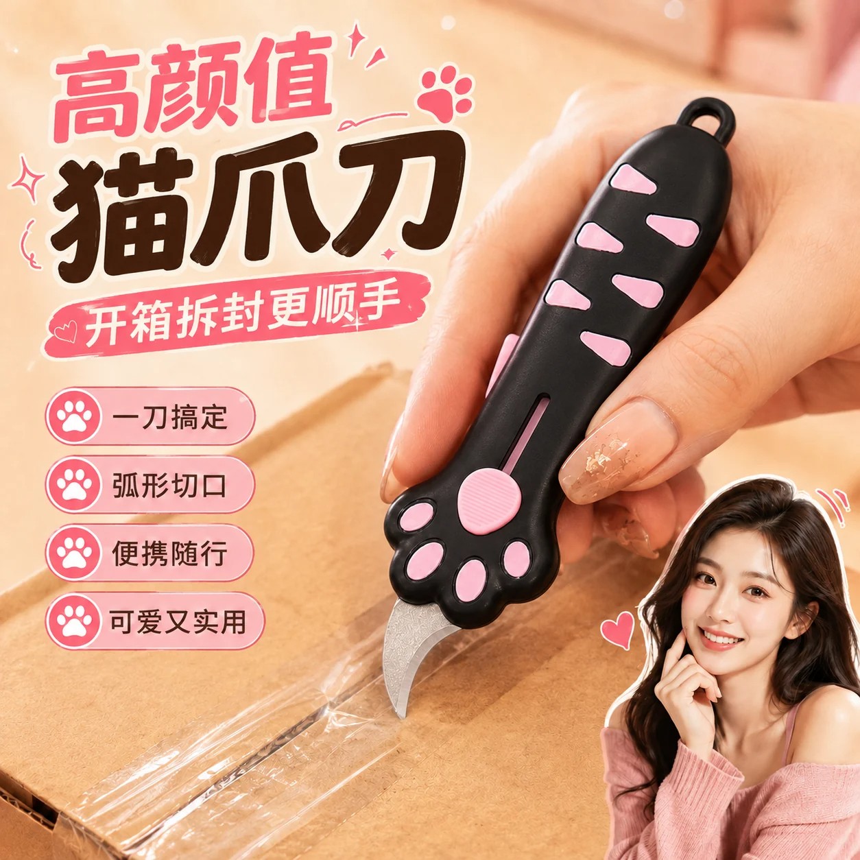 可爱猫爪切刀伸缩开箱器便携式弧形美工刀一划即开轻松开箱猫爪刀