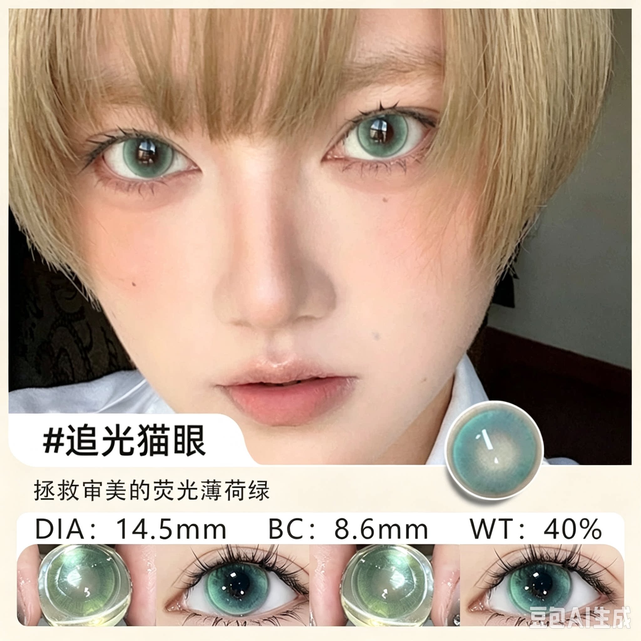 自然美追光猫眼美瞳半年抛绿色大彩色隐形眼镜