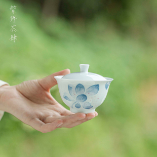 繁野白瓷玉泥有田烧三才盖碗影青纯手绘莲瓣茶具泡茶碗薄胎不烫手